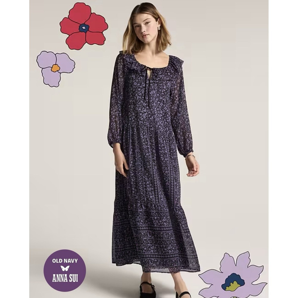 Old Navy x Anna Sui Tiered Ruffle Maxi Dress Purple Iris Floral Tie Neck Lined M